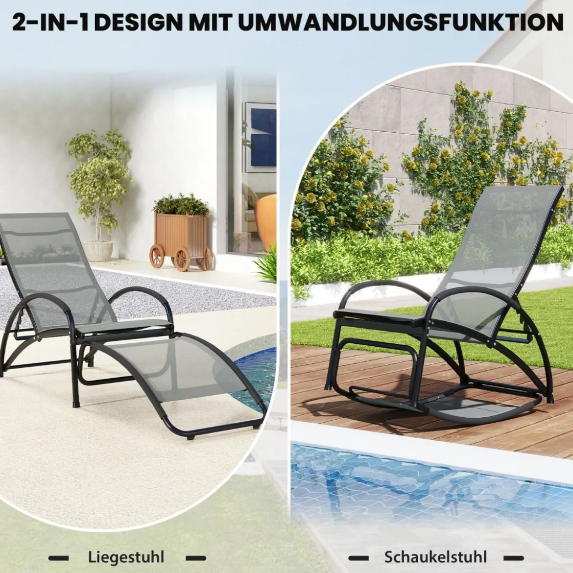 2 in 1 Sonnenliege wandelbarer Schaukelstuhl mit Verstellbarer Rückenlehne und gebogenen Armlehnen Grau