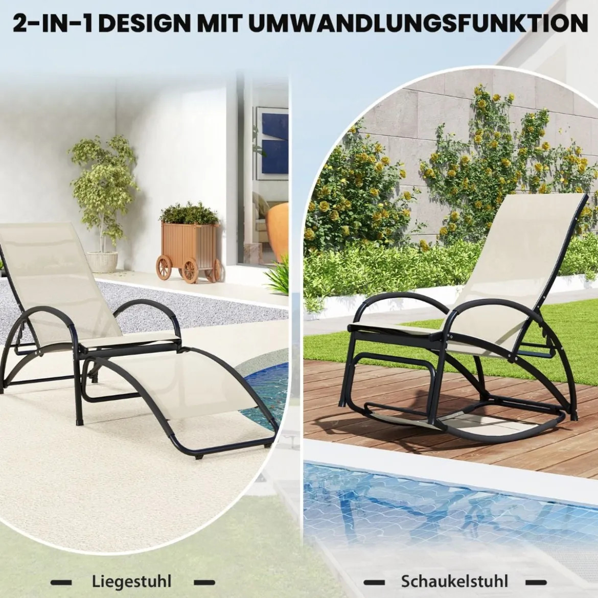 2 in 1 Sonnenliege wandelbarer Schaukelstuhl mit Verstellbarer Rückenlehne und gebogenen Armlehnen Beige