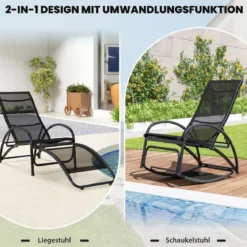 2 in 1 Sonnenliege wandelbarer Schaukelstuhl mit Rückenlehne und gebogenen Armlehnen Grau