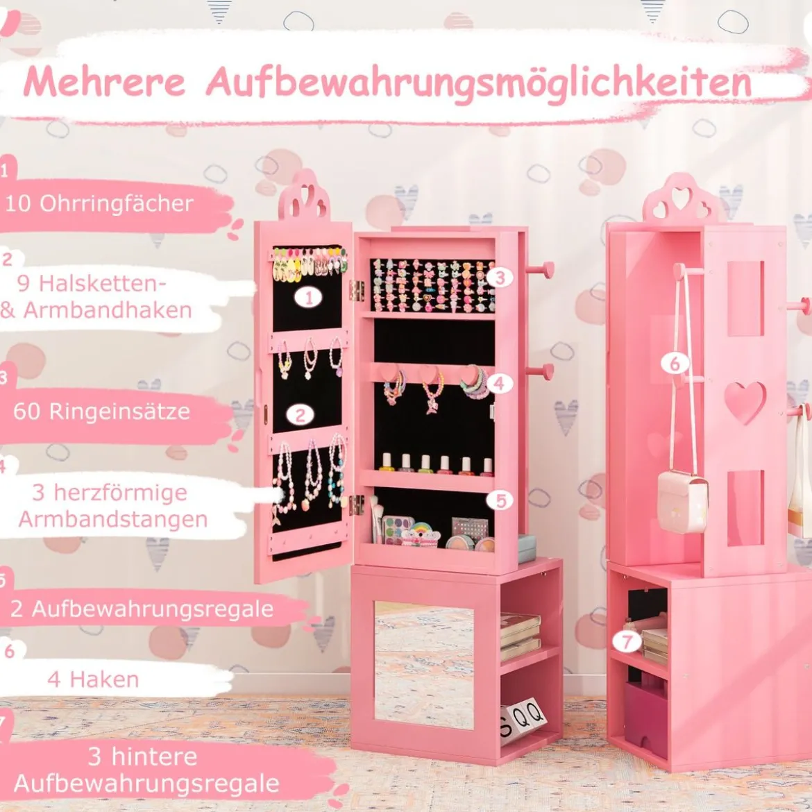 3 in 1 Spiegelschrank mit Ganzkörperspiegel & Kleiderständer Kinder Schmuckschrank
