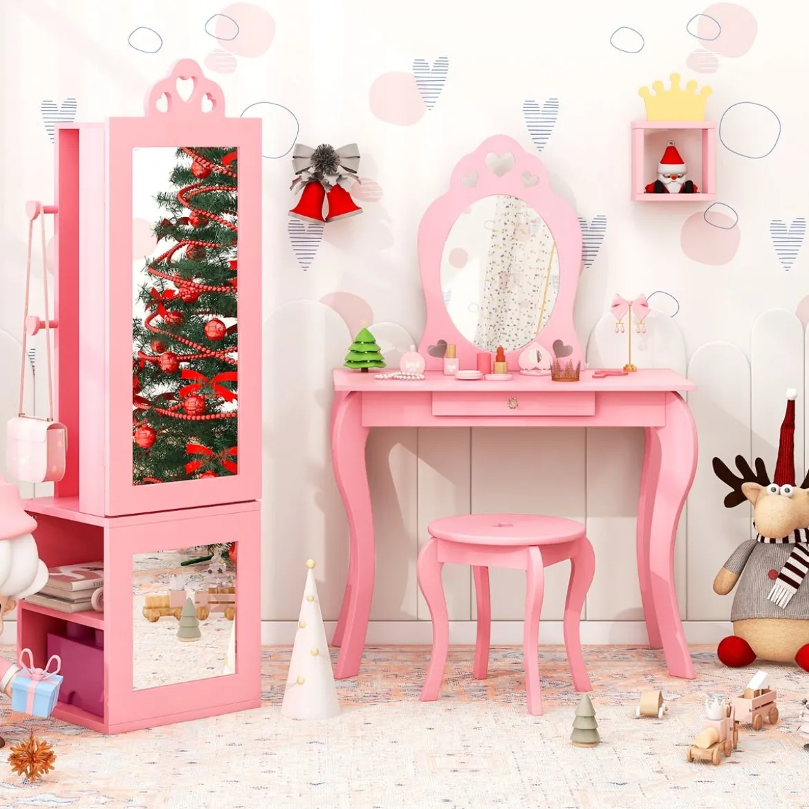 3 in 1 Spiegelschrank mit Ganzkörperspiegel & Kleiderständer Kinder Schmuckschrank