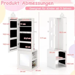 3 in 1 Spiegelschrank mit Ganzkörperspiegel & Kleiderständer Kinder Schmuckschrank