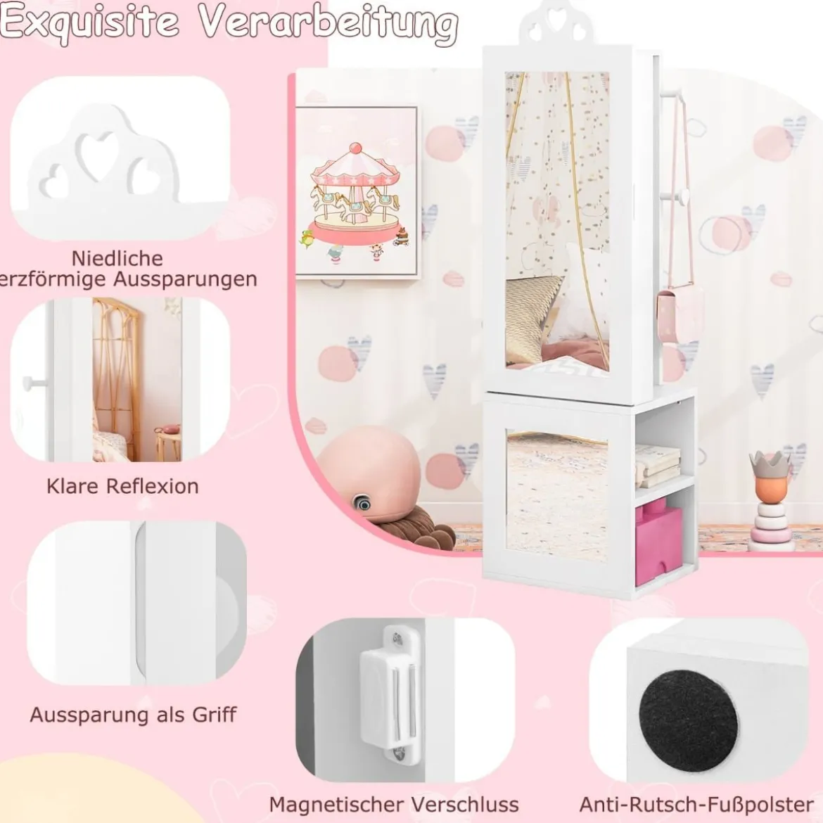 3 in 1 Spiegelschrank mit Ganzkörperspiegel & Kleiderständer Kinder Schmuckschrank