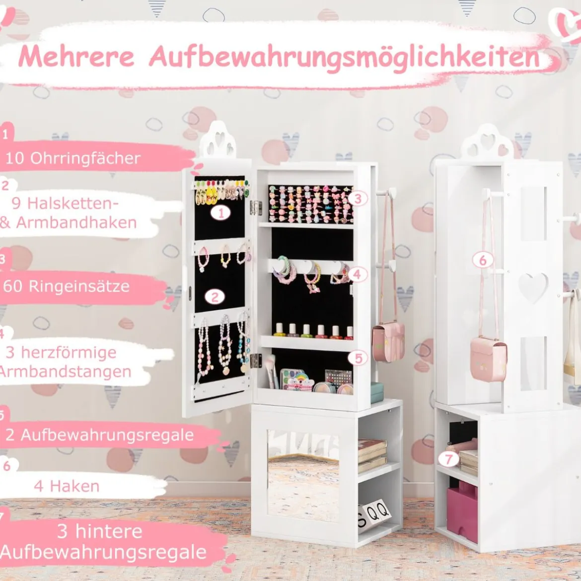 3 in 1 Spiegelschrank mit Ganzkörperspiegel & Kleiderständer Kinder Schmuckschrank