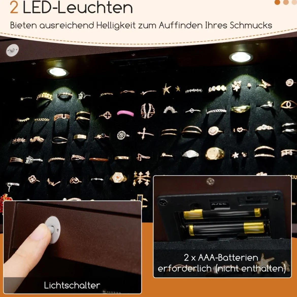 2 in 1 Spiegelschrank mit LED-Beleuchtung & Ganzkörperspiegel Abschließbarer Schmuckschrank