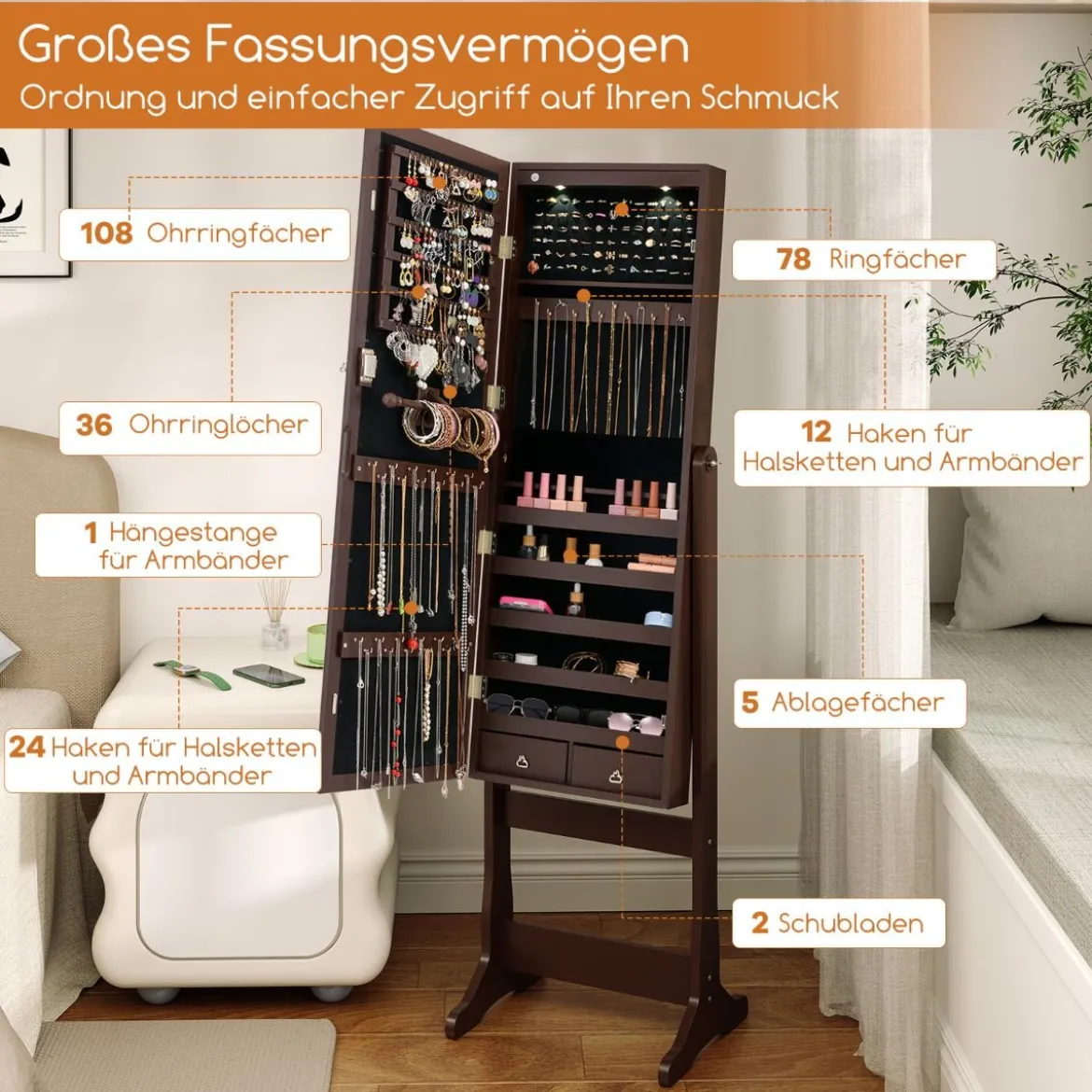 2 in 1 Spiegelschrank mit LED-Beleuchtung & Ganzkörperspiegel Abschließbarer Schmuckschrank