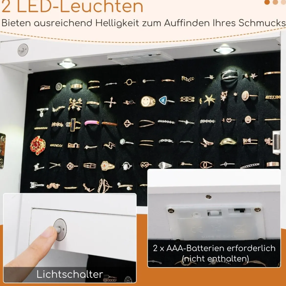 2 in 1 Spiegelschrank mit LED-Beleuchtung & Ganzkörperspiegel Abschließbarer Schmuckschrank