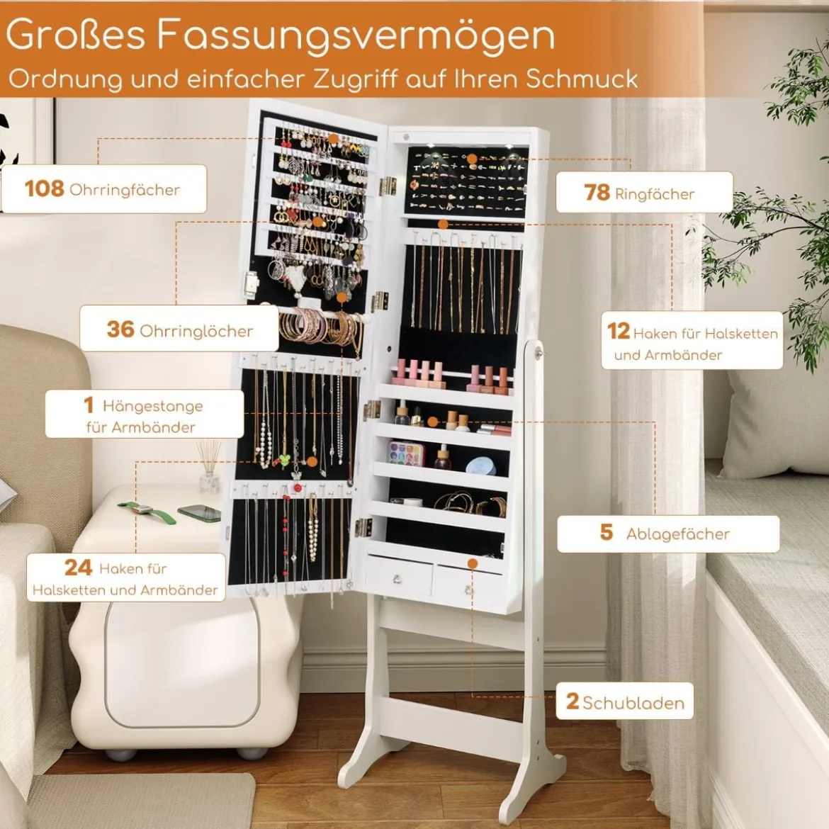 2 in 1 Spiegelschrank mit LED-Beleuchtung & Ganzkörperspiegel Abschließbarer Schmuckschrank