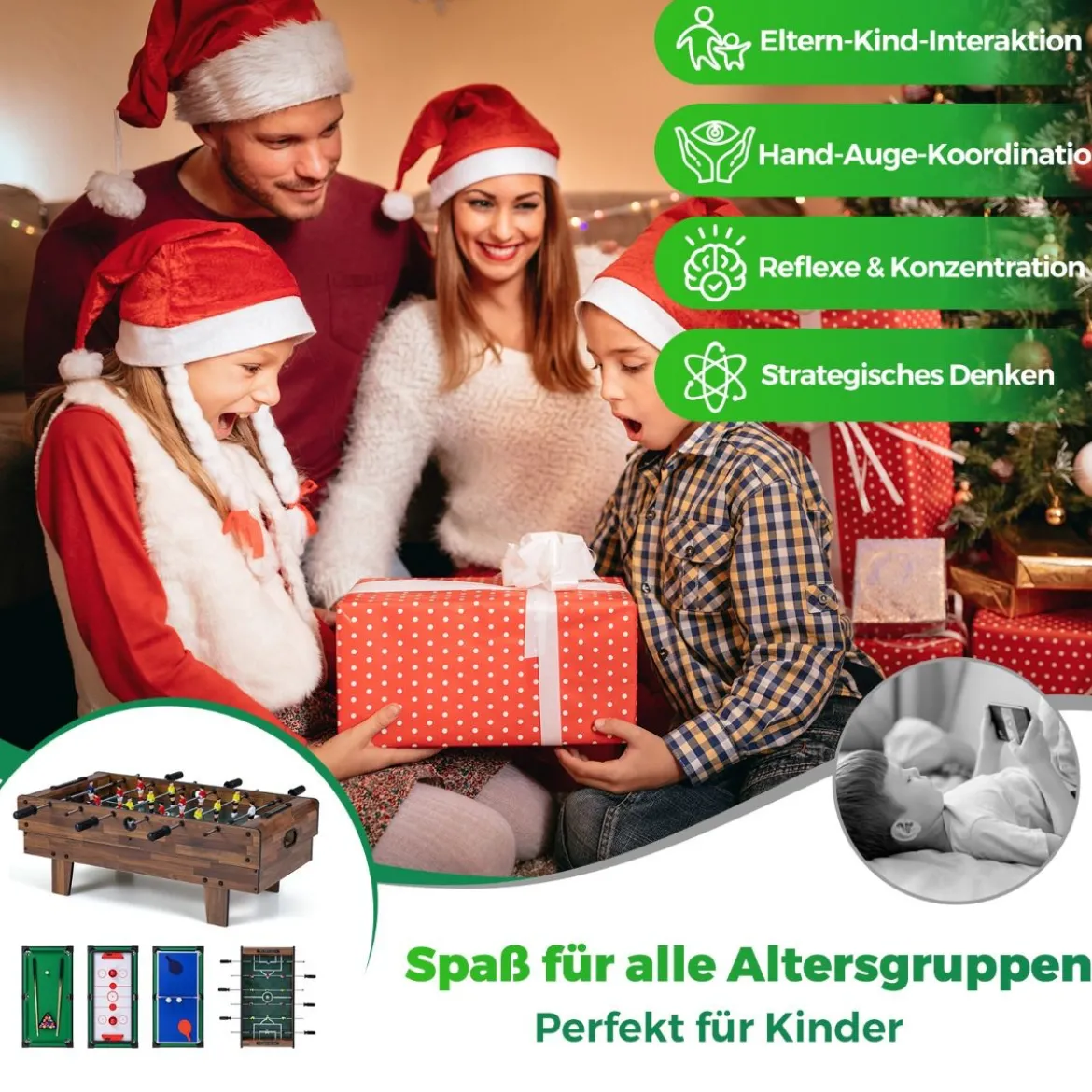 4 in 1 Spieltisch Billardtisch & Tischtennistisch & Air Hockeytisch & Tischkicker Natur