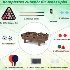 4 in 1 Spieltisch Billardtisch & Tischtennistisch & Air Hockeytisch & Tischkicker Natur