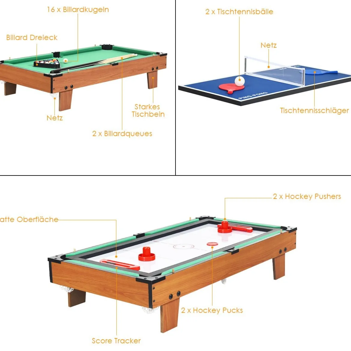 4 in 1 Spieltisch Billardtisch & Tischtennistisch & Air Hockeytisch & Tischkicker 81 x 43 x 30,5 cm