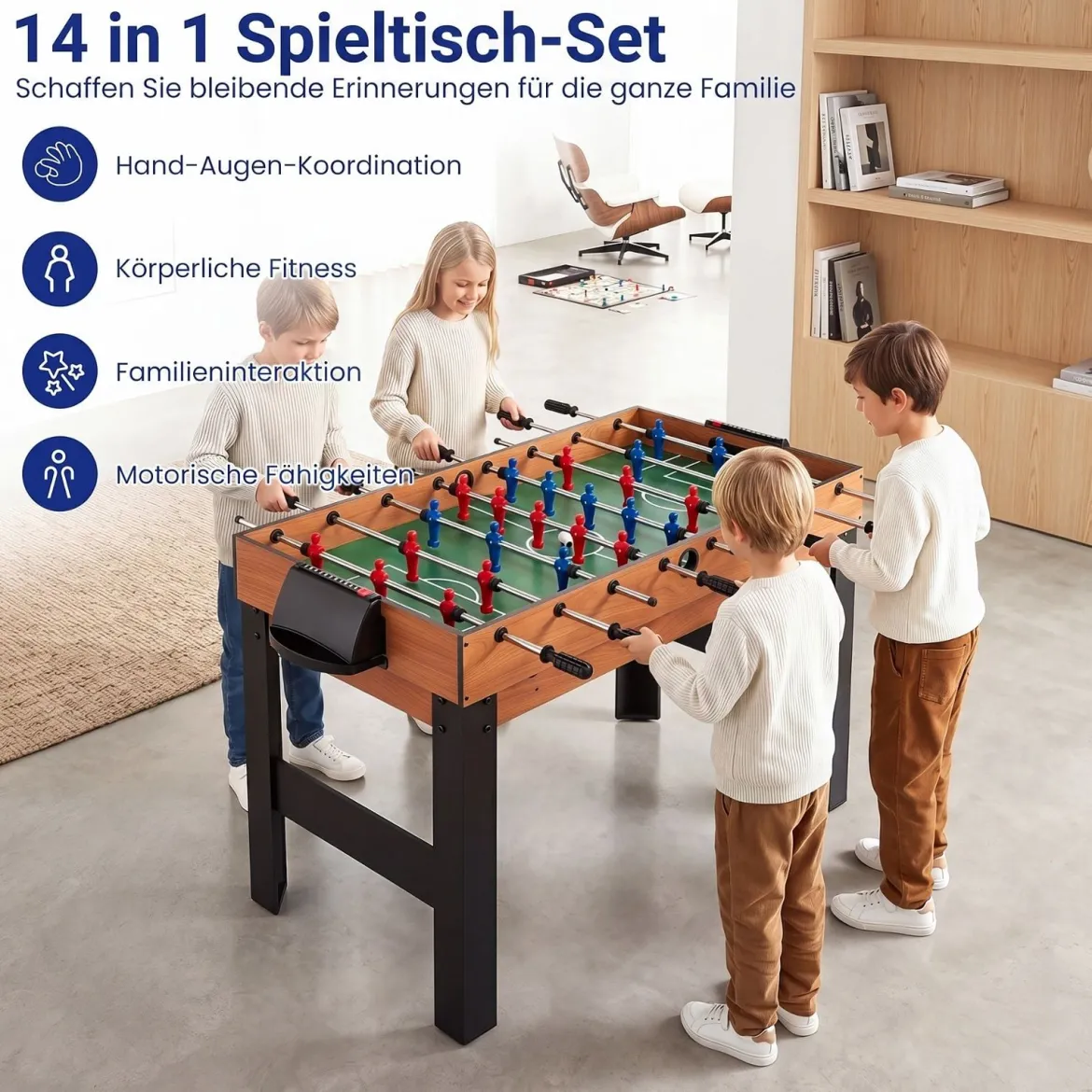 14 in 1 Spieltisch Set Tischspiel Multifunktional mit Tischfußball Hockey Billard Tischtennis usw. Natur