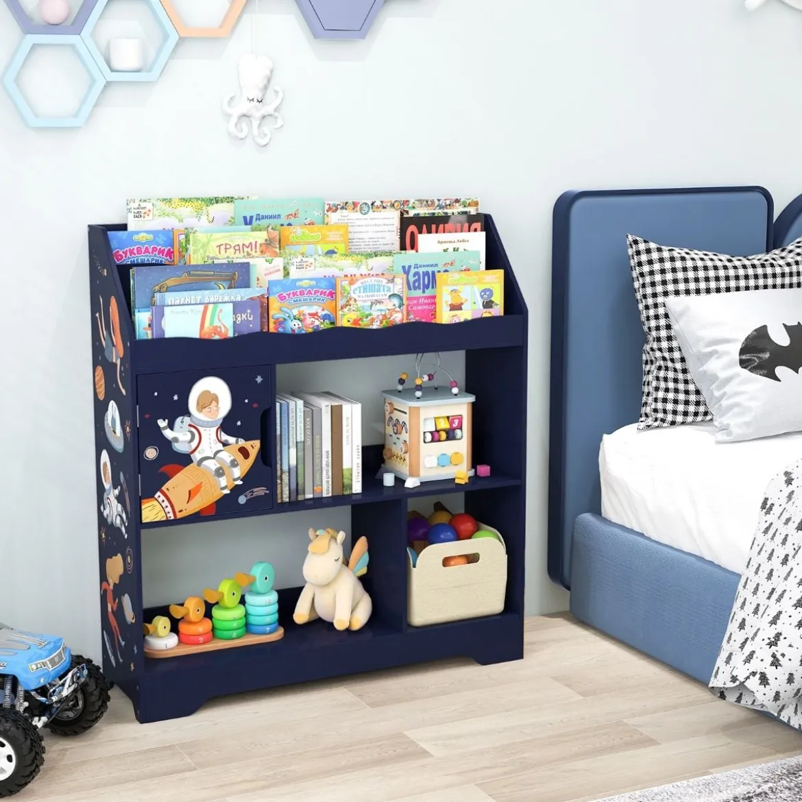 3 in 1 Spielzeugregal mit Ablagefächer & Tür 3 Stöckiges Kinderregal Bücherregal 93 x 30 x 100 cm Blau