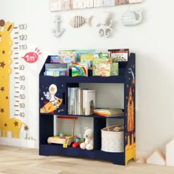 3 in 1 Spielzeugregal mit Ablagefächer & Tür 3 Stöckiges Kinderregal Bücherregal 93 x 30 x 100 cm Blau