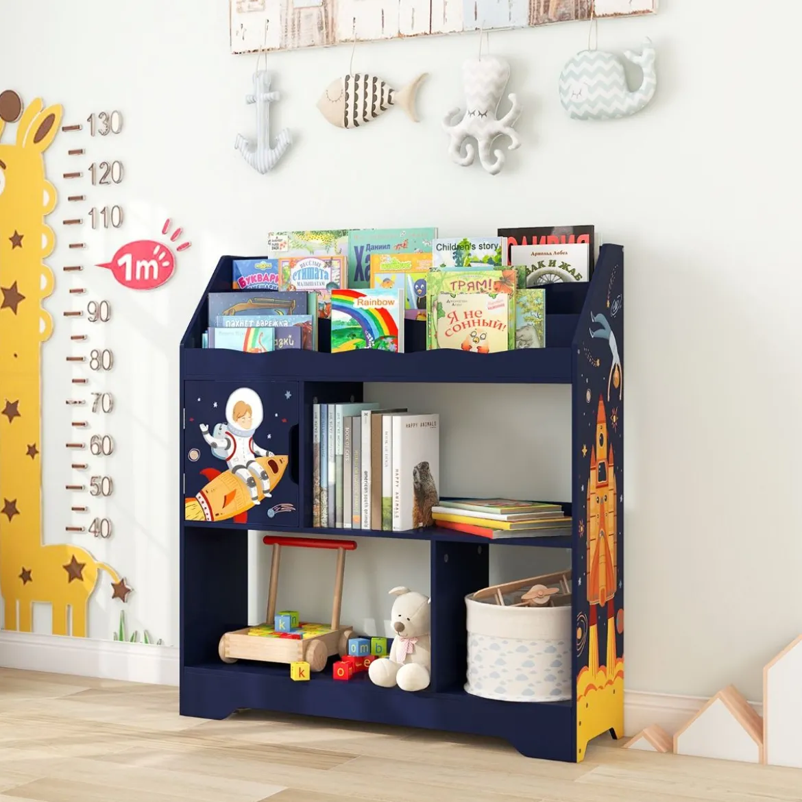 3 in 1 Spielzeugregal mit Ablagefächer & Tür 3 Stöckiges Kinderregal Bücherregal 93 x 30 x 100 cm Blau
