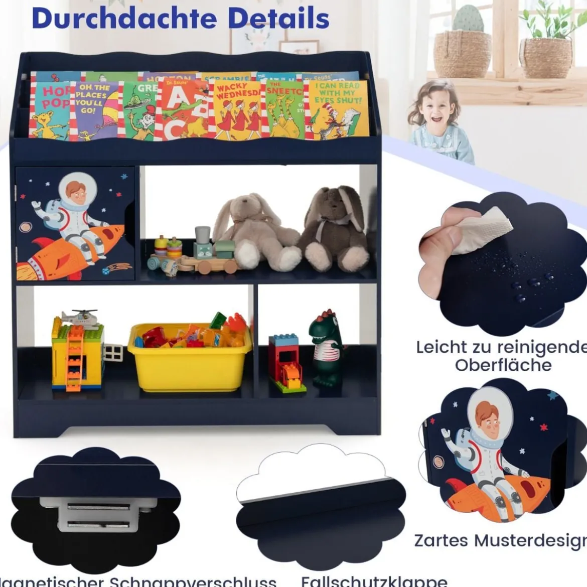 3 in 1 Spielzeugregal mit Ablagefächer & Tür 3 Stöckiges Kinderregal Bücherregal 93 x 30 x 100 cm Blau