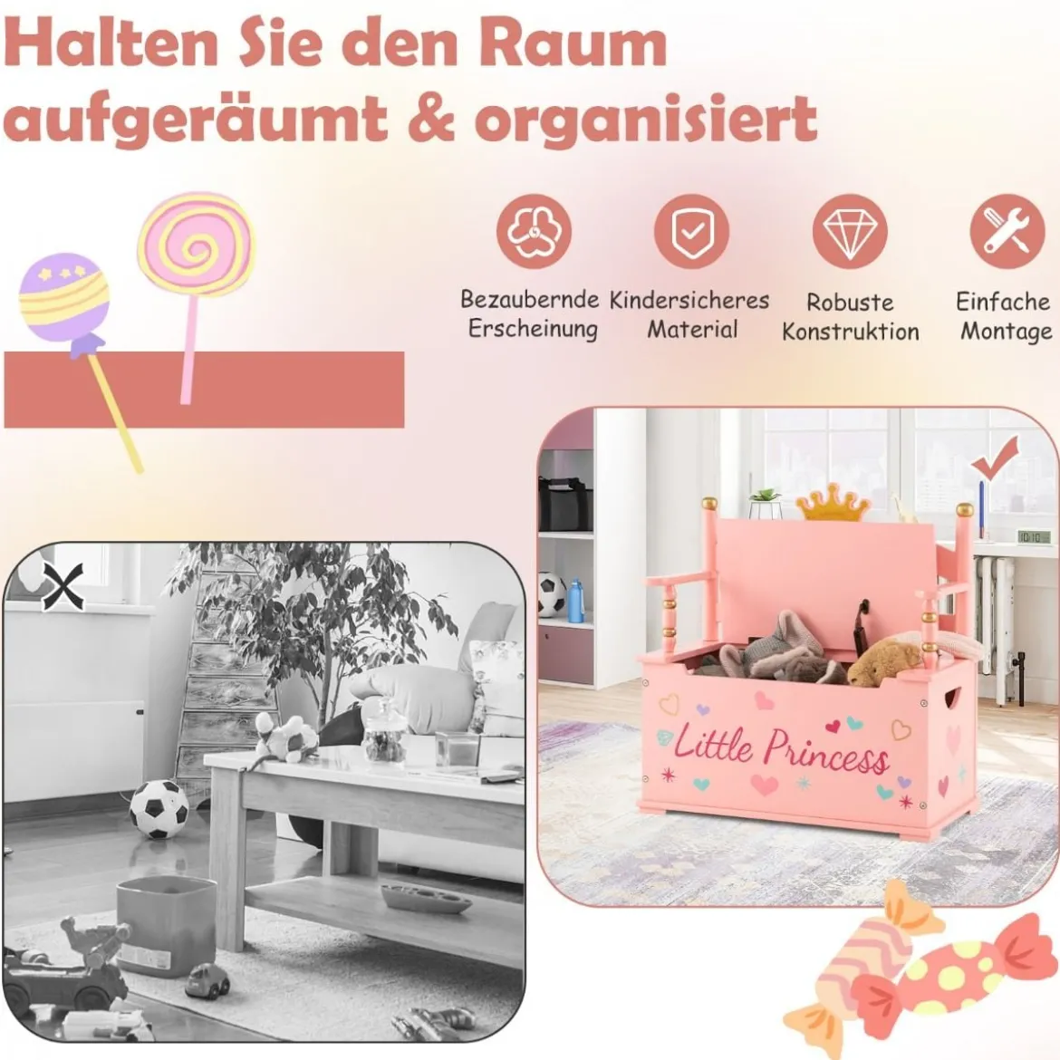 2 in 1 Spielzeugtruhe & Sitzbank für Kinder Aufbewahrungsruhe mit Sicherheitsscharnier