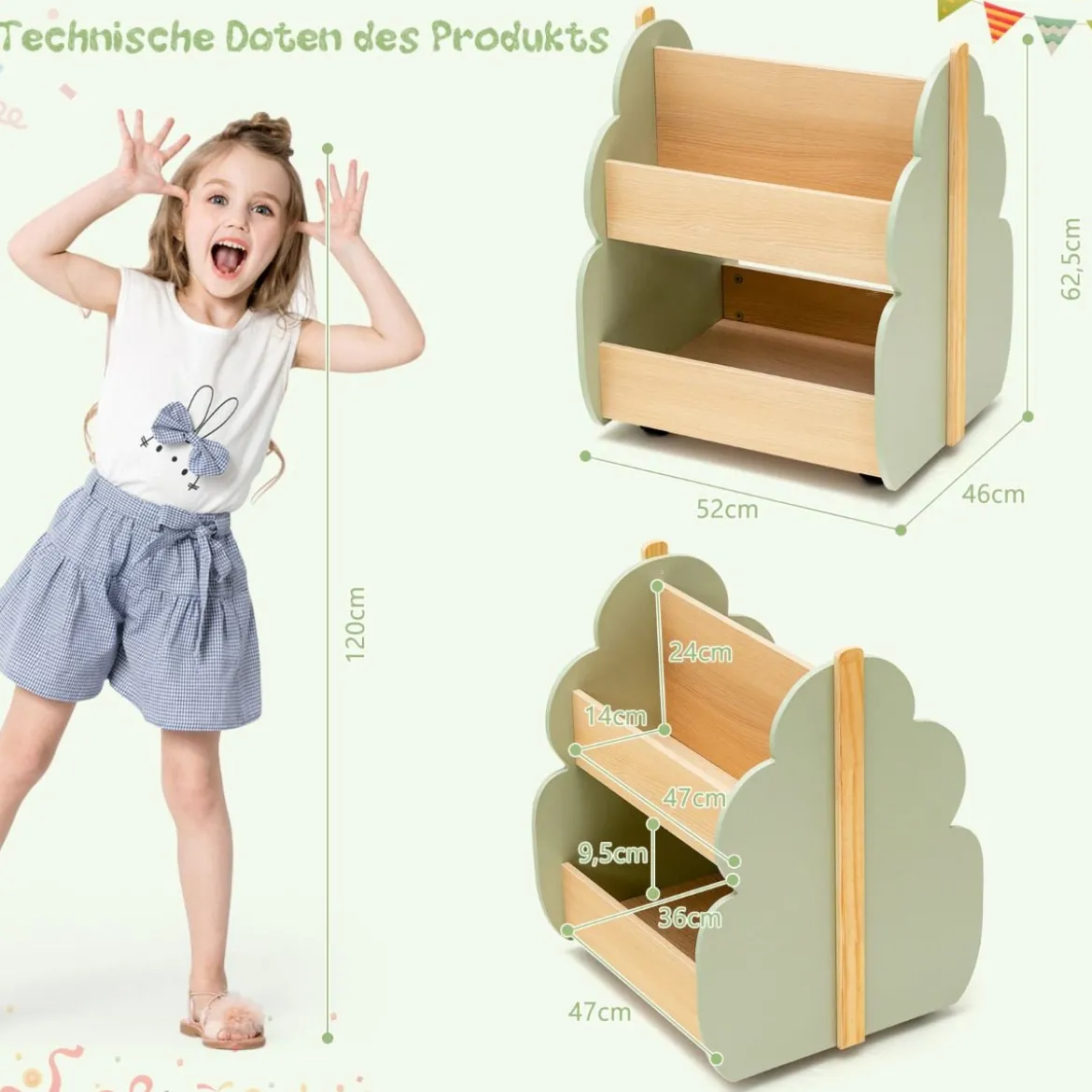 4 in 1 3tlg. Kindersitzgruppe aus Holz + Kinder Bücherregal aus Holz mit Universalrädern Set