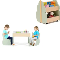 4 in 1 3tlg. Kindersitzgruppe aus Holz + Kinder Bücherregal aus Holz mit Universalrädern Set
