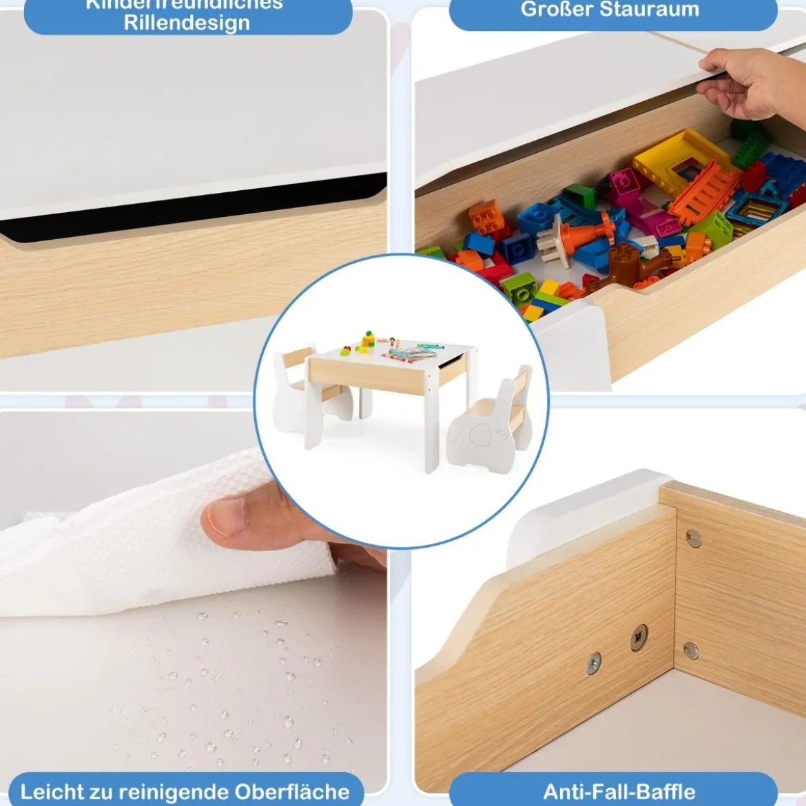 4 in 1 3tlg. Kindersitzgruppe aus Holz mit Abnehmbarer Tafel & Stauraum