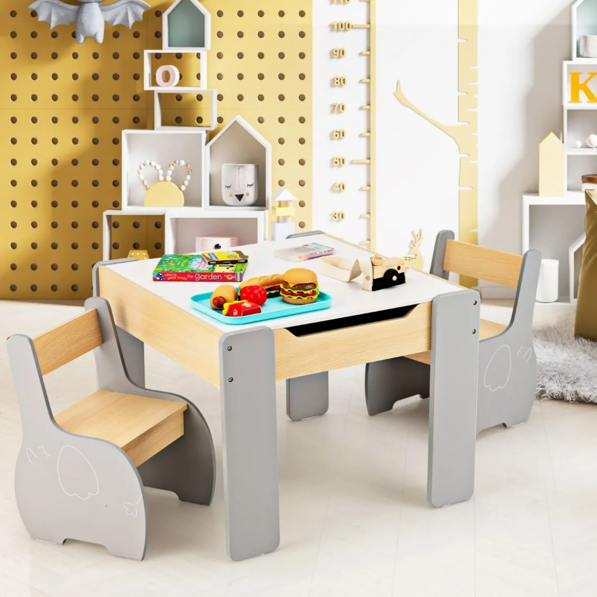 4 in 1 3tlg. Kindersitzgruppe aus Holz mit Abnehmbarer Tafel & Stauraum