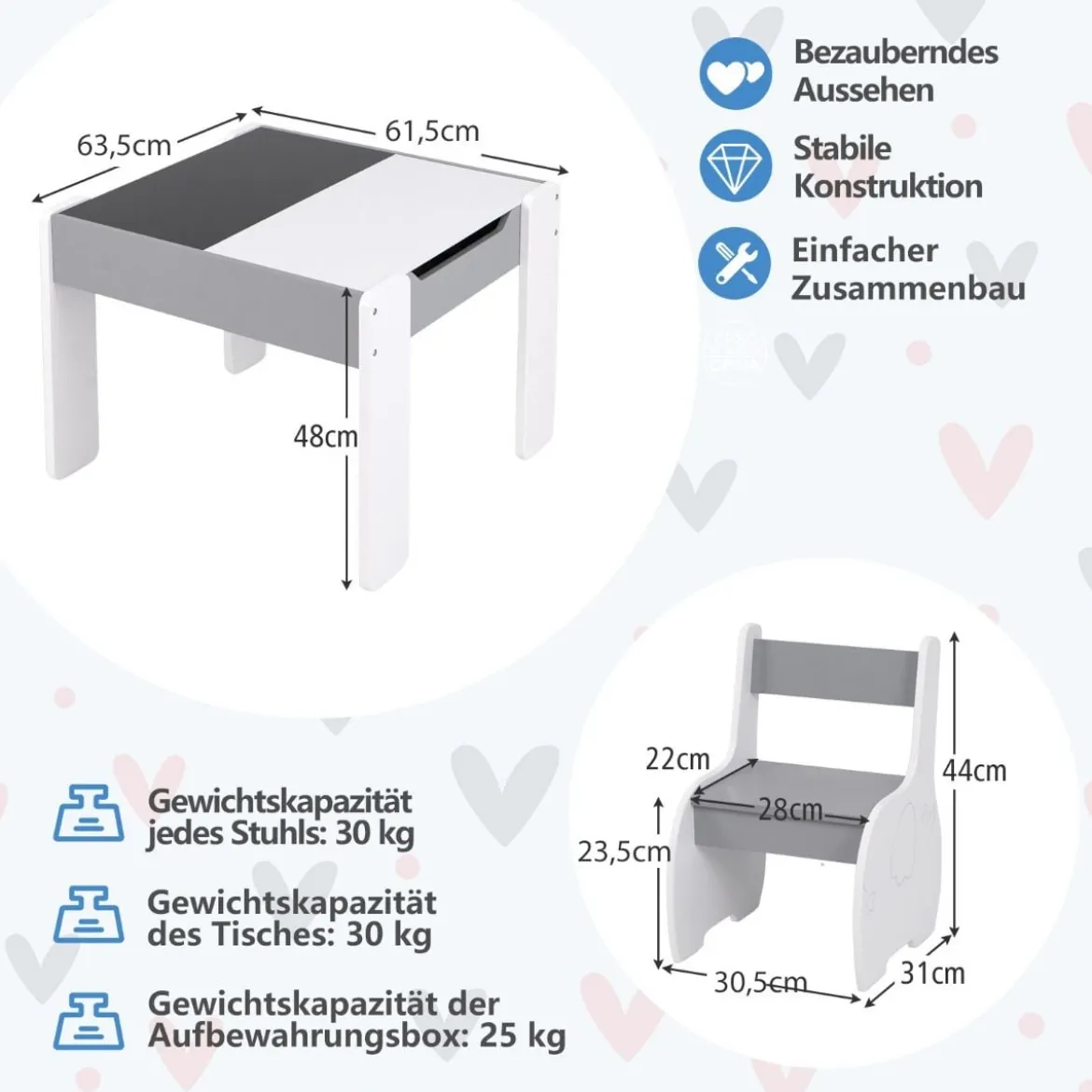 4 in 1 3tlg. Kindersitzgruppe aus Holz mit Abnehmbarer Tafel & Stauraum