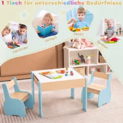4 in 1 3tlg. Kindersitzgruppe aus Holz mit Abnehmbarer Tafel & Stauraum