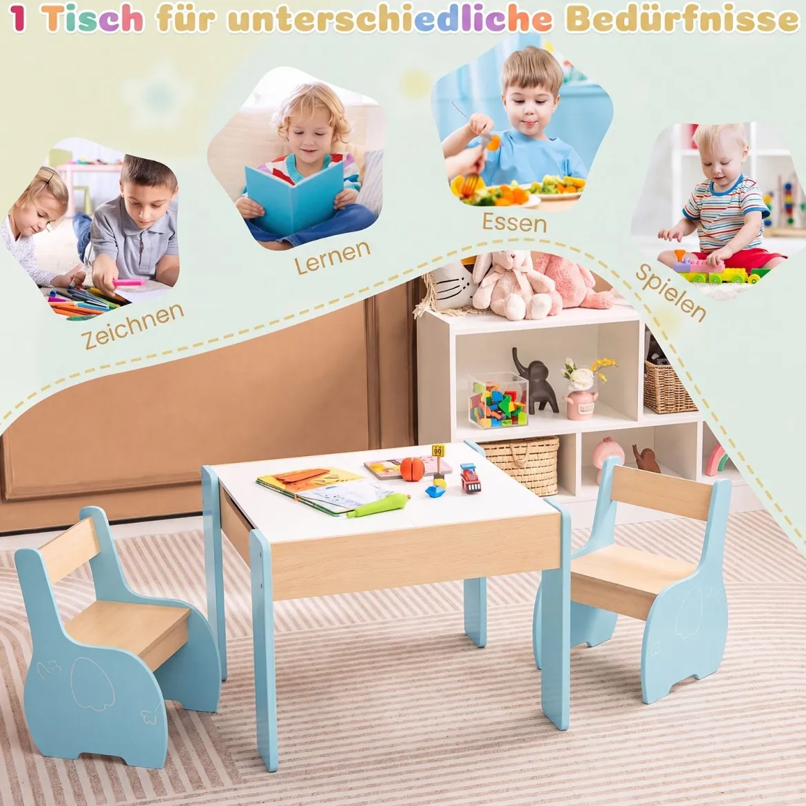 4 in 1 3tlg. Kindersitzgruppe aus Holz mit Abnehmbarer Tafel & Stauraum