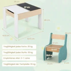 4 in 1 3tlg. Kindersitzgruppe aus Holz mit Abnehmbarer Tafel & Stauraum
