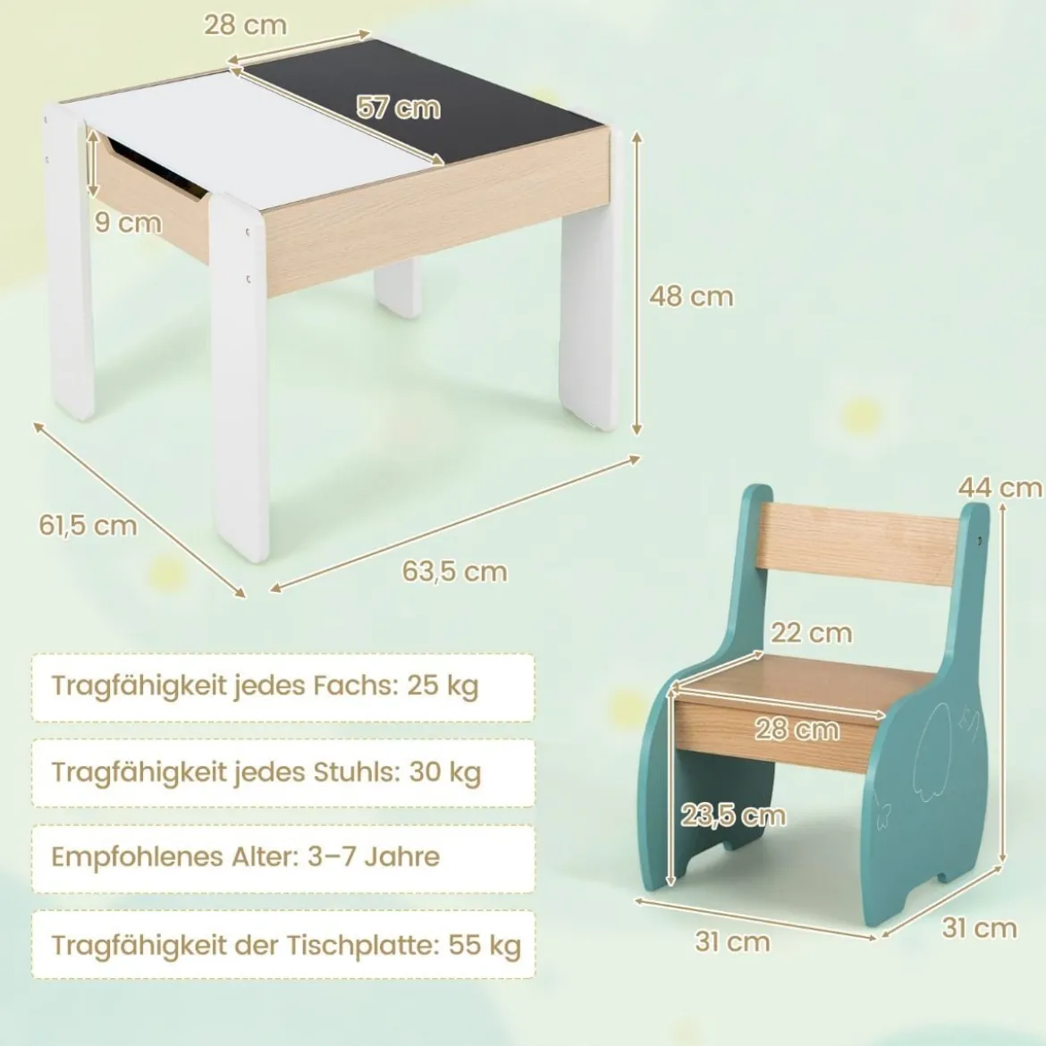 4 in 1 3tlg. Kindersitzgruppe aus Holz mit Abnehmbarer Tafel & Stauraum