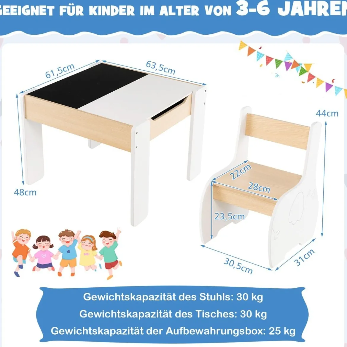4 in 1 3tlg. Kindersitzgruppe aus Holz mit Abnehmbarer Tafel & Stauraum