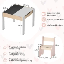 4 in 1 3tlg. Kindersitzgruppe aus Holz mit Abnehmbarer Tafel & Stauraum