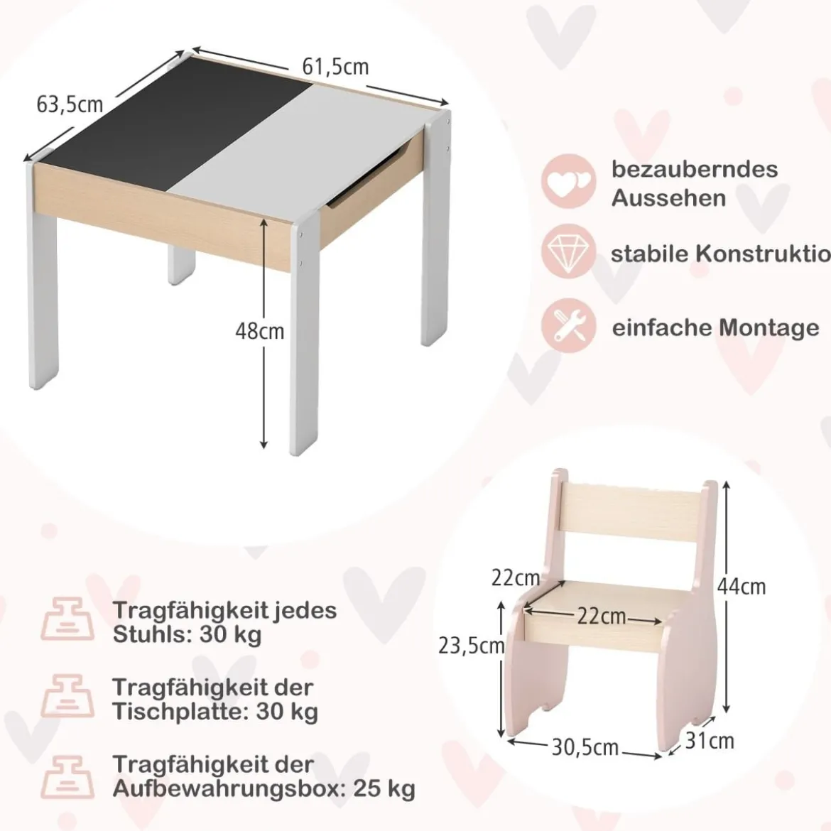 4 in 1 3tlg. Kindersitzgruppe aus Holz mit Abnehmbarer Tafel & Stauraum