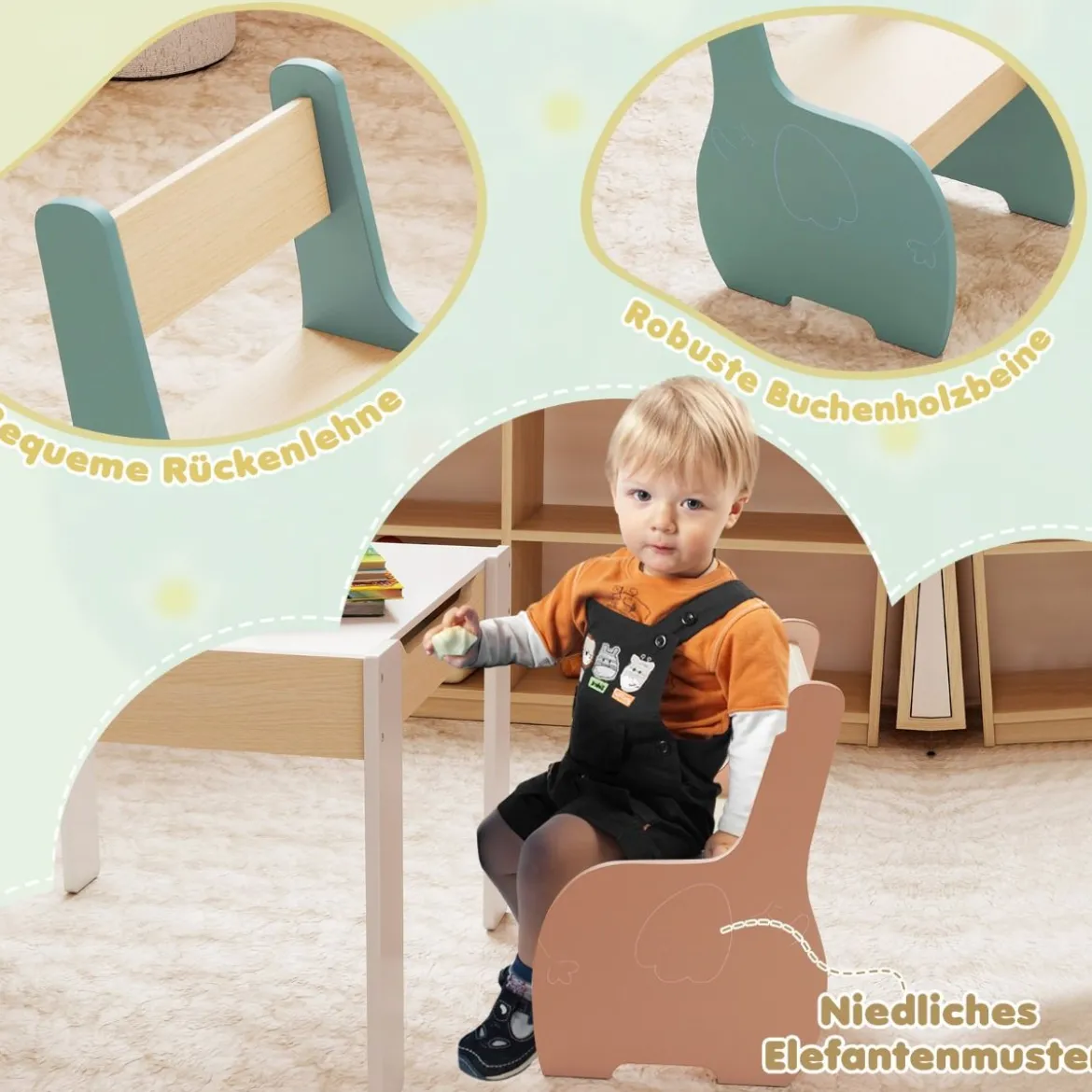 4 in 1 3tlg. Kindersitzgruppe aus Holz mit Abnehmbarer Tafel & Stauraum