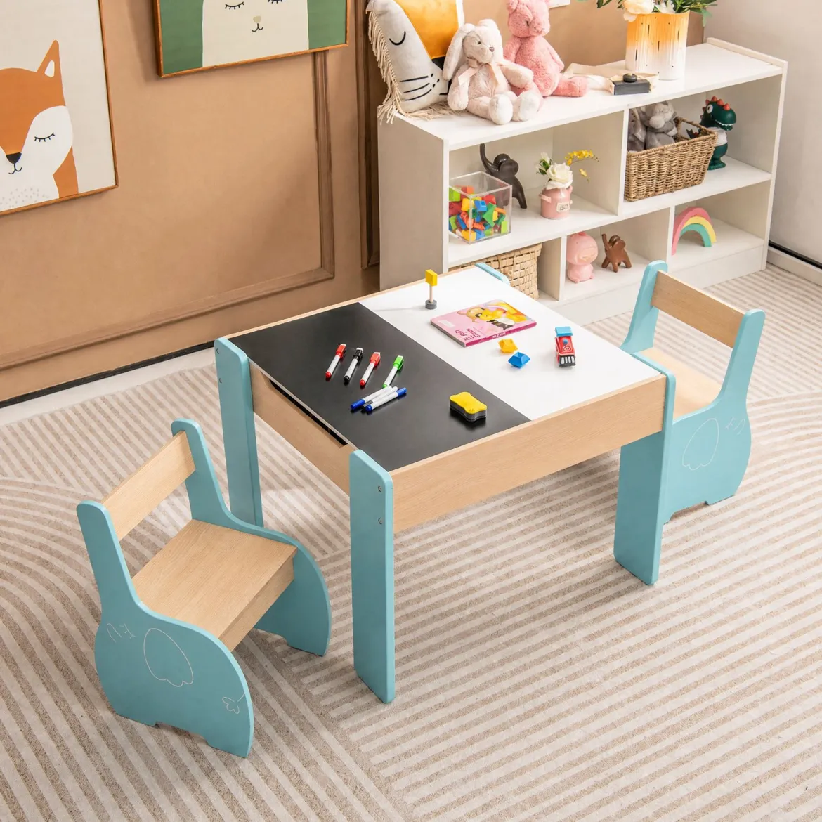 4 in 1 3tlg. Kindersitzgruppe aus Holz mit Abnehmbarer Tafel & Stauraum