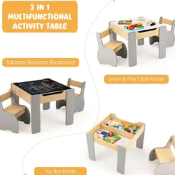 4 in 1 3tlg. Kindersitzgruppe aus Holz mit Abnehmbarer Tafel & Stauraum