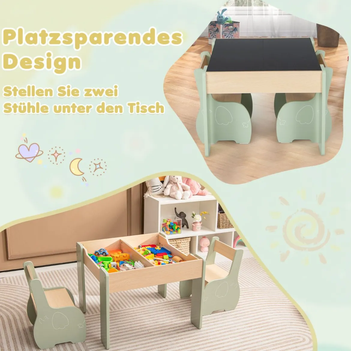 4 in 1 3tlg. Kindersitzgruppe aus Holz mit Abnehmbarer Tafel & Stauraum