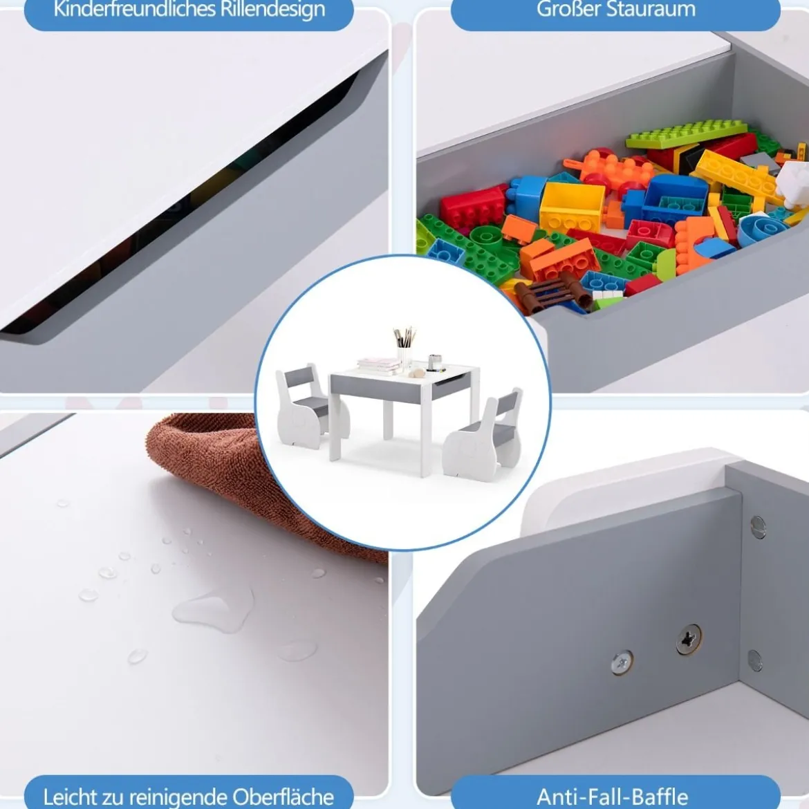 4 in 1 3tlg. Kindersitzgruppe aus Holz mit Abnehmbarer Tafel & Stauraum