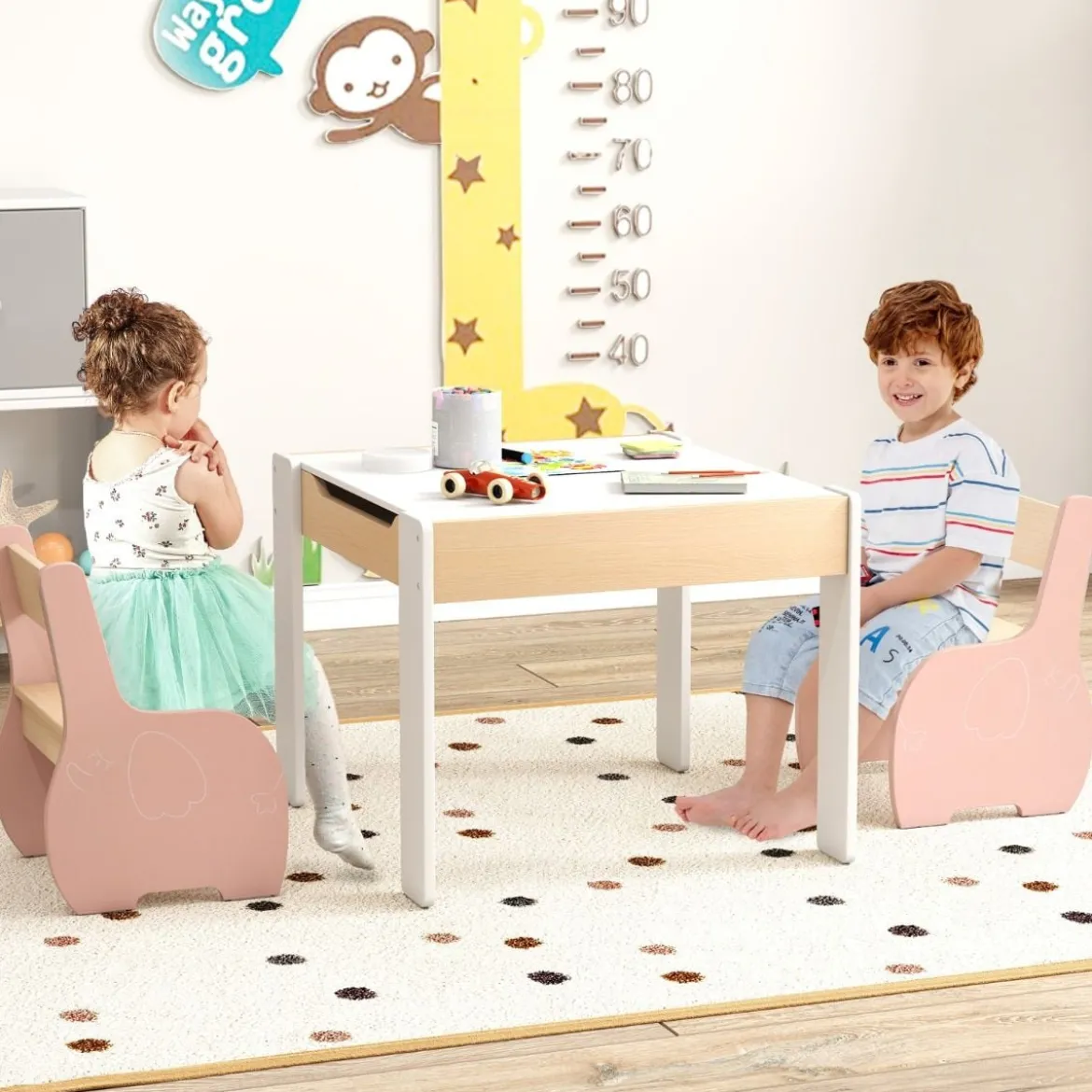4 in 1 3tlg. Kindersitzgruppe aus Holz mit Abnehmbarer Tafel & Stauraum
