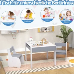 4 in 1 3tlg. Kindersitzgruppe aus Holz mit Abnehmbarer Tafel & Stauraum
