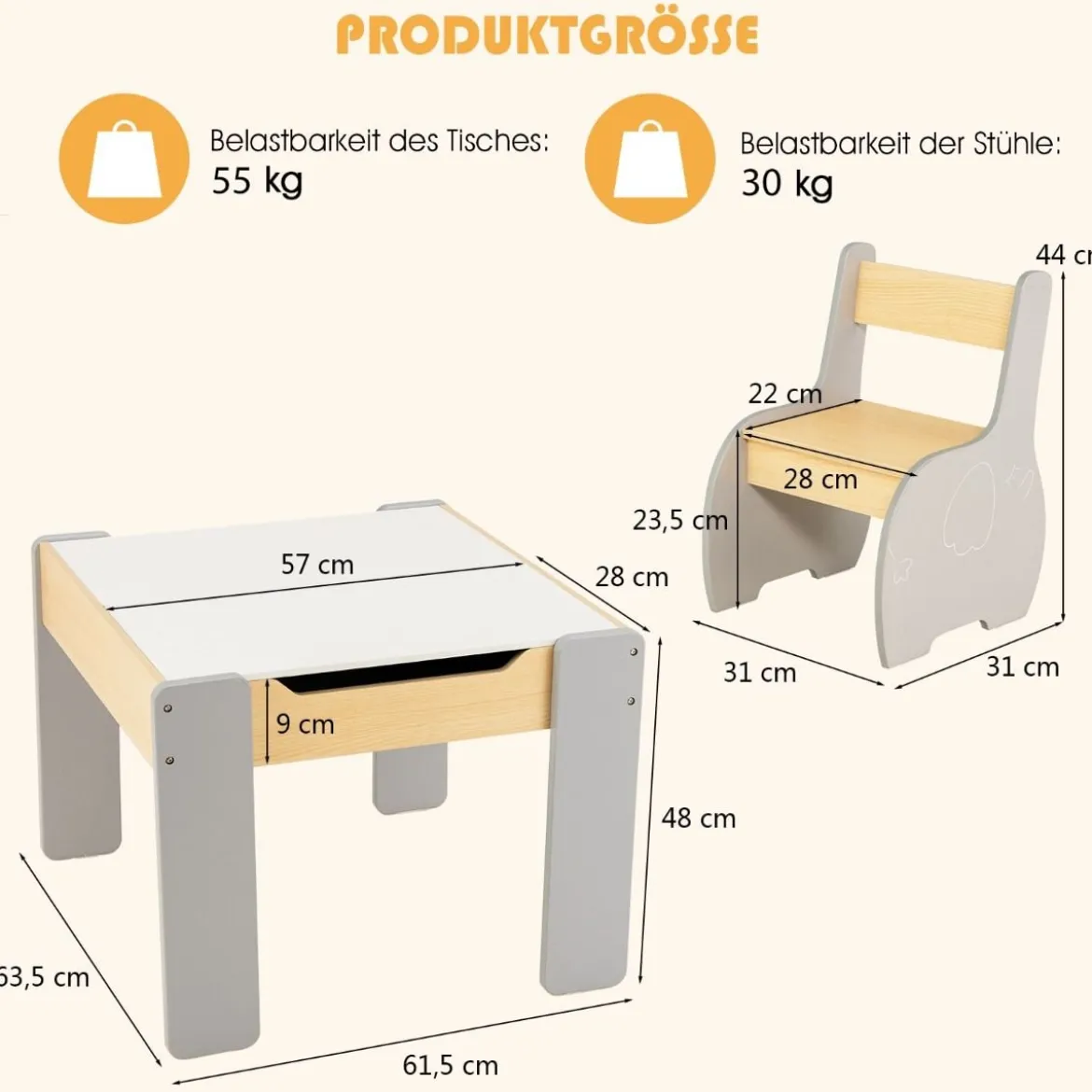 4 in 1 3tlg. Kindersitzgruppe aus Holz mit Abnehmbarer Tafel & Stauraum