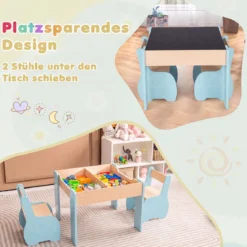 4 in 1 3tlg. Kindersitzgruppe aus Holz mit Abnehmbarer Tafel & Stauraum