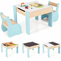 4 in 1 3tlg. Kindersitzgruppe aus Holz mit Abnehmbarer Tafel & Stauraum