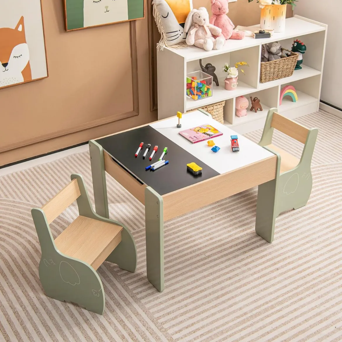4 in 1 3tlg. Kindersitzgruppe aus Holz mit Abnehmbarer Tafel & Stauraum