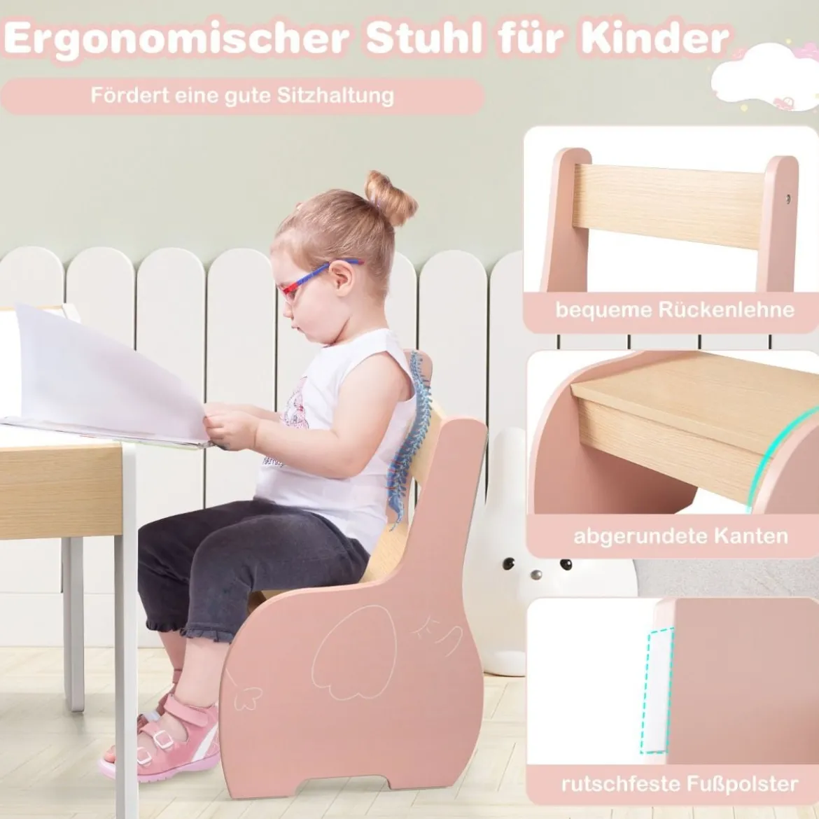 4 in 1 3tlg. Kindersitzgruppe aus Holz mit Abnehmbarer Tafel & Stauraum