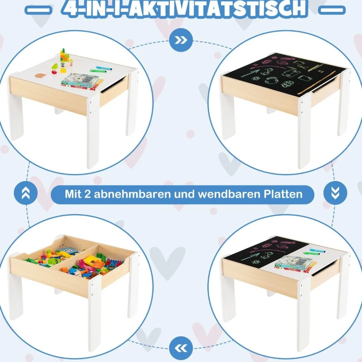 4 in 1 3tlg. Kindersitzgruppe aus Holz mit Abnehmbarer Tafel & Stauraum