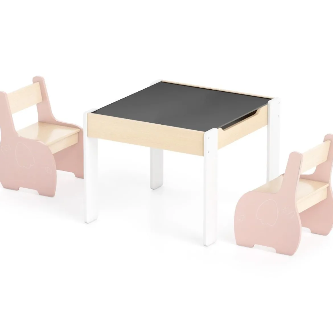 4 in 1 3tlg. Kindersitzgruppe aus Holz mit Abnehmbarer Tafel & Stauraum