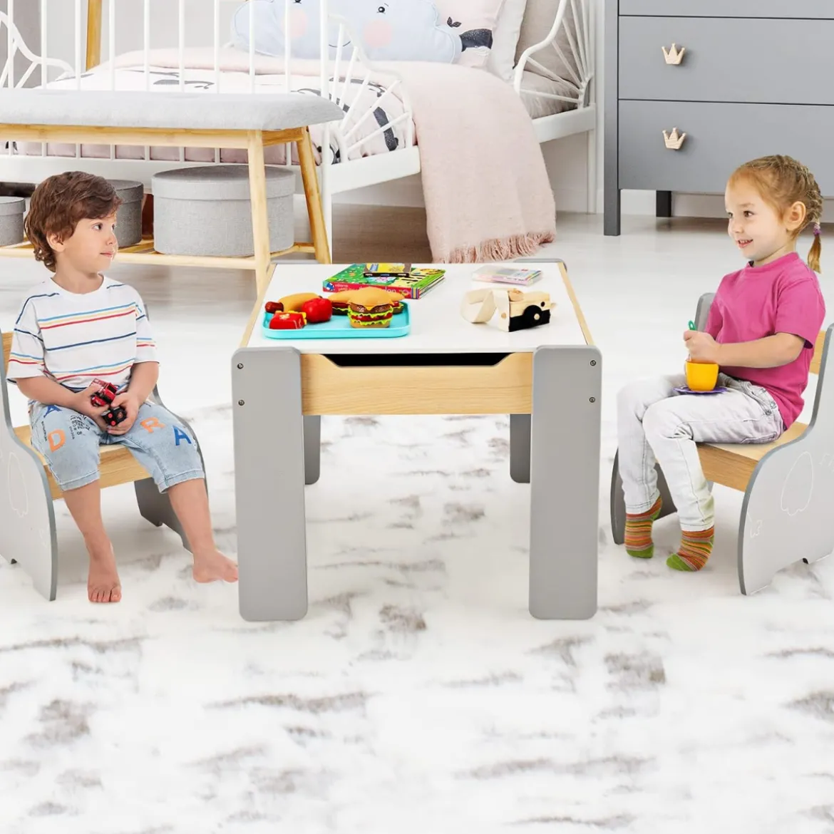 4 in 1 3tlg. Kindersitzgruppe aus Holz mit Abnehmbarer Tafel & Stauraum