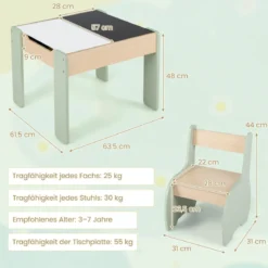 4 in 1 3tlg. Kindersitzgruppe aus Holz mit Abnehmbarer Tafel & Stauraum
