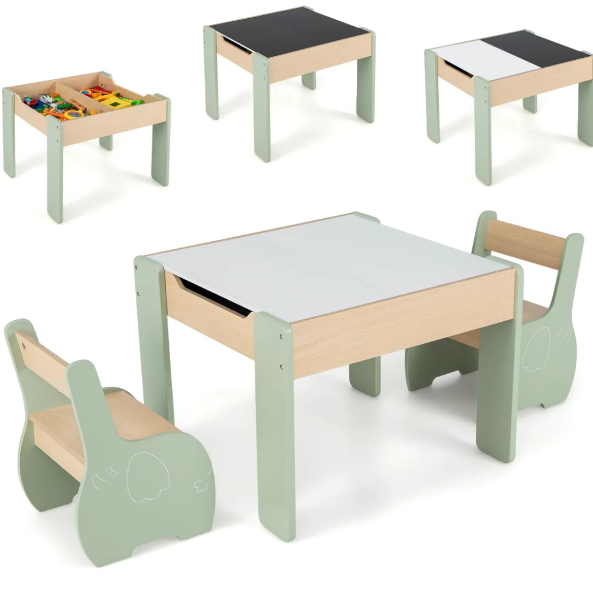 4 in 1 3tlg. Kindersitzgruppe aus Holz mit Abnehmbarer Tafel & Stauraum